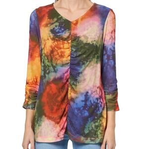 Ali Miles Mesh V-Neck Tunic with 3/4 Ruched Sleeves in Tie Dye Size Lp